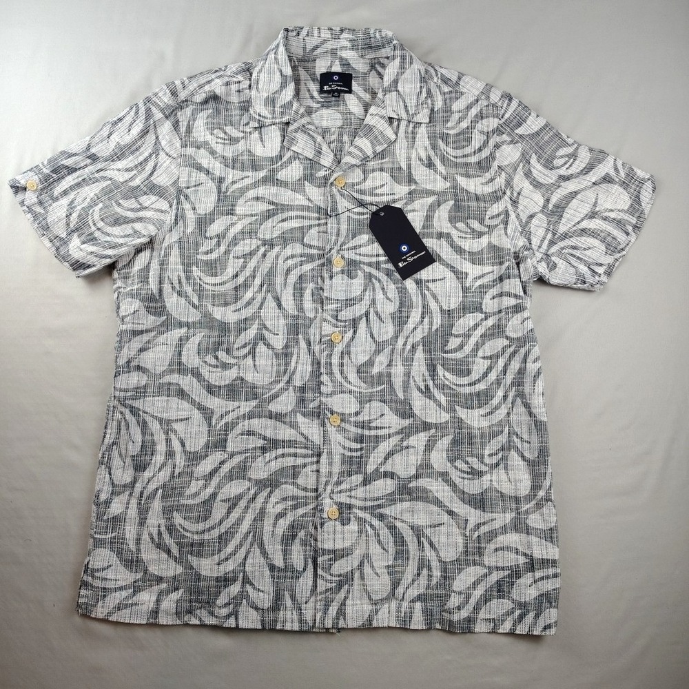 Ben Sherman Button Down Camp Shirt Mens Medium Linen Feel Black White Floral
